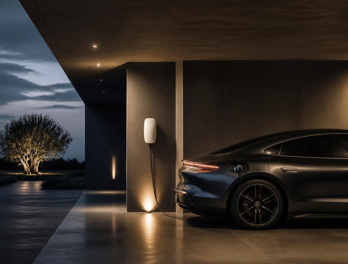 Luxuslimousine lädt an einer Wallbox in einem minimalistischen Carport
