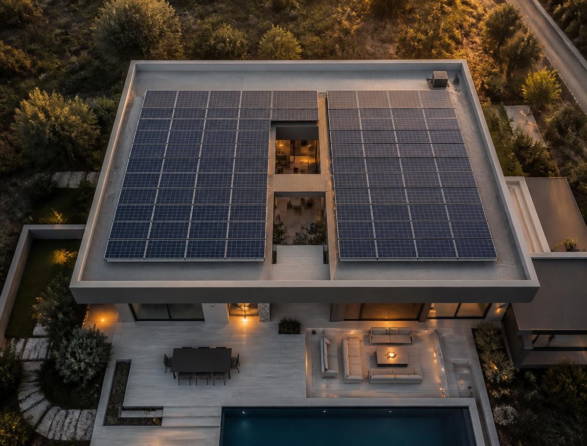 Luftaufnahme einer Photovoltaikanlage auf dem Flachdach einer Luxusvilla