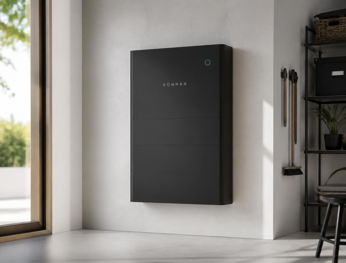 Schwarzer Hochvolt-Batteriespeicher an einer weißen Wand